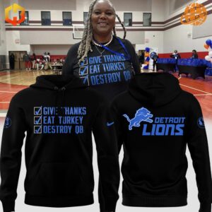 Mama Reader's Detroit Lions Thanksgiving Hoodie showcasing the front design with a humorous checklist and the back featuring the Detroit Lions logo and branding.