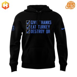 Front view of Mama Reader's Detroit Lions Thanksgiving Hoodie with the checklist graphic: "Give Thanks, Eat Turkey, Destroy QB."