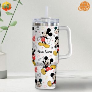 Mickey Mouse Disney Custom Stanley Tumbler with colorful Mickey Mouse pattern and personalized name option.