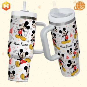 Two Mickey Mouse Disney Custom Stanley Tumblers with different lid types, showcasing product variety.