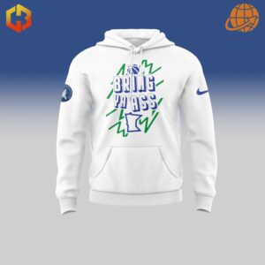 Front view of white Minnesota Timberwolves Bring Ya Ass Hoodie with bold text and state outline design.