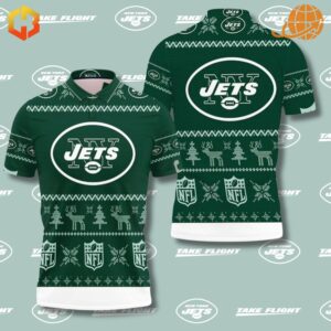 Green and white Christmas-themed polo shirt with the New York Jets logo