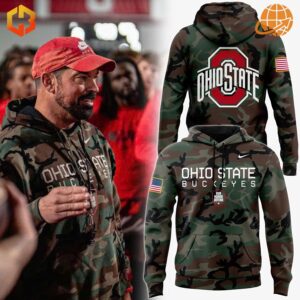 Ohio State Buckeyes Veteran Hoodie with a camo pattern, featuring the Ohio State logo, American flag patch, and "Ohio State Buckeyes" text.