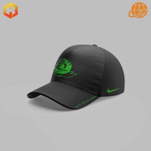 Black Nike cap with green Oregon Ducks logo, Nike swoosh, and "GO DUCKS" text for 2024 Big Ten Champions.