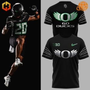 Oregon Ducks football player in black uniform next to two black t-shirts with team logos and "GO DUCKS" text.