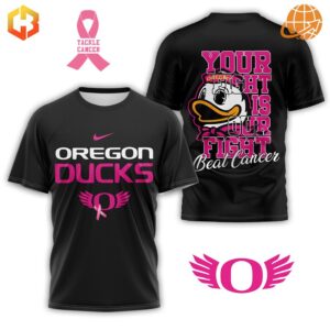 Black Oregon Ducks shirt with pink breast cancer awareness design and mascot.