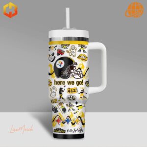 Back view of Pittsburgh Steelers NFL Stanley Tumbler showing Steelers helmet and 