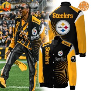 Black and gold Pittsburgh Steelers baseball jacket with Snoop Dogg logo