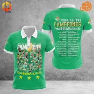 Green and white Real Betis polo shirt with embroidered club crest and "Campeones" text