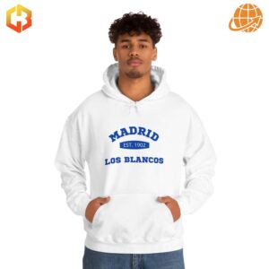 White hoodie with the Real Madrid crest and "Los Blancos Est. 1902" printed in bold.