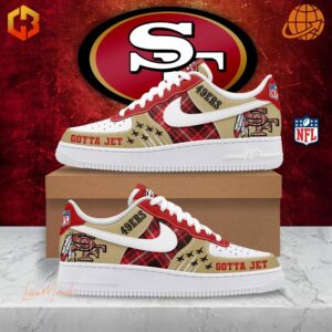 San Francisco 49ers themed Nike Air Force 1 sneakers with red, gold, and white design, featuring team logo and "GOTTA JET" text.