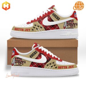 San Francisco 49ers Gotta Jet Nike Air Force Shoes with red, gold, and plaid design, featuring team logos and 