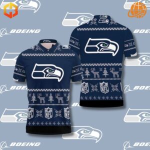 Navy polo shirt with Seahawks-themed Christmas design.