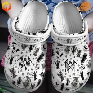 Sleep Token Band Crocs Shoes with black-and-white illustrations featuring gothic symbols, band logo, and artistic motifs, designed for Sleep Token fans.