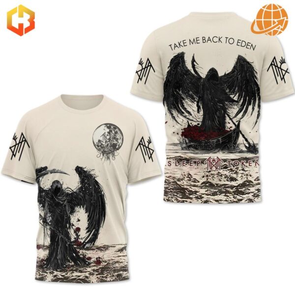 Detailed view of Sleep Token's winged figure design and "Take Me Back To Eden" text on a cream t-shirt.