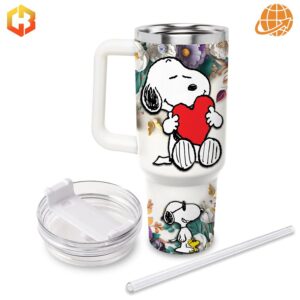 Snoopy Peanuts Custom Stanley Tumbler with lid and straw detached, featuring Snoopy holding a red heart.