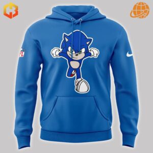 Detailed view of the Sonic Detroit Lions Hoodie's front graphic, showcasing Sonic the Hedgehog and Detroit Lions logo.