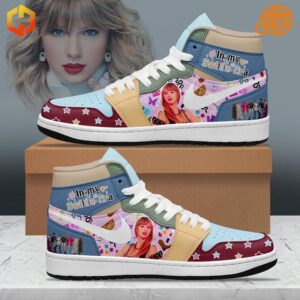 Taylor Swift In My Swiftie Era Air Jordan 1 Shoes on a box with detailed side panel artwork.