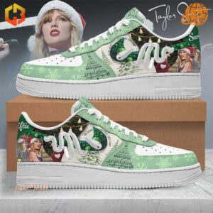 Taylor Swift Merry Swiftmas Christmas Nike Air Force Shoes featuring green and white colorway with snowflakes and album references.