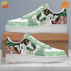 Detailed side view of Taylor Swift Merry Swiftmas Christmas Nike Air Force Shoes showing album references and holiday imagery.