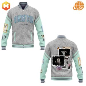 Front view of Taylor Swift Swiftie 1989 Baseball Jacket with gray body and mint sleeves.