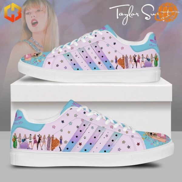 Side view of Taylor Swift Swiftie Stan Smith Shoes displaying pink starry design and Taylor Swift-inspired artwork.