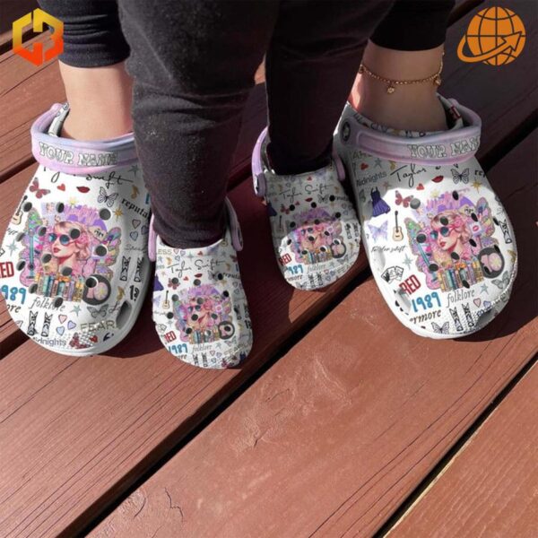 Person wearing Taylor Swift inspired Crocs shoes on wooden deck, showing fit and style.