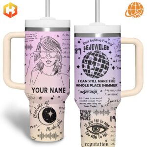 Taylor Swift Custom Stanley Tumbler with detailed artwork and personalized name option.