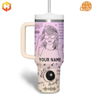 Close-up of Taylor Swift Custom Stanley Tumbler with Taylor Swift sketch and "Your Name" phrase.