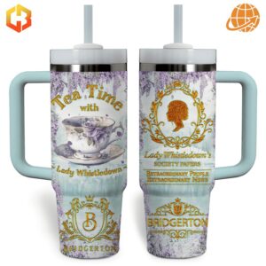 Tea Time With Lady Whistledown Bridgerton Stanley Tumbler with wisteria design, teacup illustration, and Lady Whistledown's silhouette.