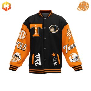 Front view of Tennessee Volunteers Baseball Jacket with prominent "T" logo, mascot graphic, and team symbols on orange sleeves.