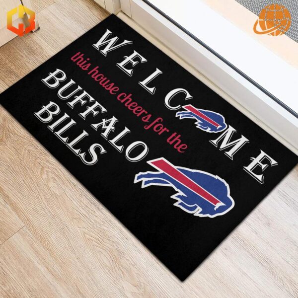 Welcome This House Cheers for the Buffalo Bills Doormat near indoor doorway.