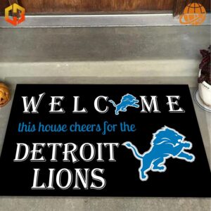 Detroit Lions welcome doormat on doorstep with decorative plant